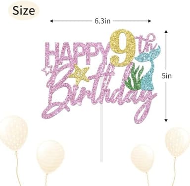 Mermaid Happy 9th Birthday Cake Topper, Pink Glitter Mermaid Nine Cake Decoration Ocean Theme for Girl 9 Years Old Birthday Party Cake Decor - Image 4