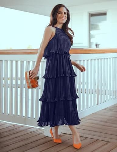 ZESICA Women's 2025 Summer Sleeveless Halter Neck Ruffle Tiered Layed Chiffon Flowy Swing Long Midi Dress,Navy,Small - Image 5