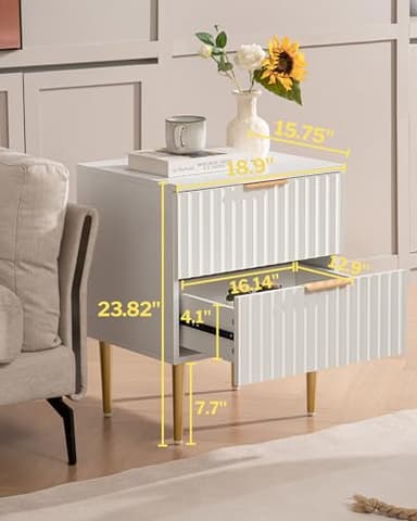 SICOTAS White Night Stand Set 2, Fluted Glossy Nightstand with 2 Drawers, Wide Modern Storage Bedside Table for Bedroom, End Side Table with Golden Metal Legs and Handles (White, 2 Pieces) - Image 2