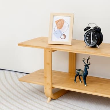 HollyHOME Bamboo TV Stand with Storage for TVs up to 65'', Modern Entertainment Center with 2 Open Shelf, Accent TV Media Console Table for Living Room, Bedroom, 55"(L), Burlywood - Image 4
