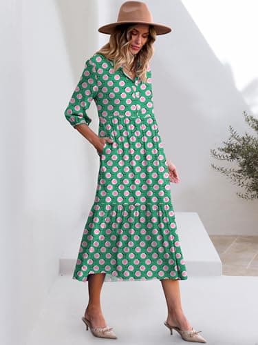 ANRABESS Women Summer Dress 2025 3/4 Puff Sleeve Polo V Neck Floral Print Casual Boho Shirt Maxi Dress Beach Vacation Clothes Floral Green X-Large - Image 7
