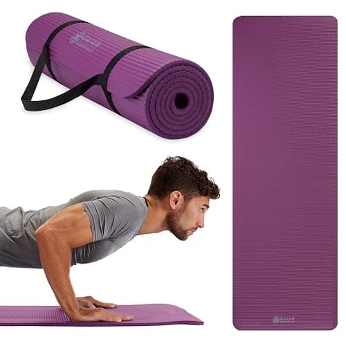 Gaiam Essentials Thick Yoga Mat Fitness & Exercise Mat with Easy-Cinch Carrier Strap, Purple, 72"L X 24"W X 2/5 Inch Thick, 10mm - Image 1