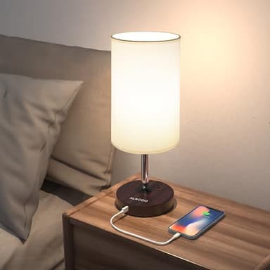 Small Bedside Table Lamp for Bedroom - 3 Way Dimmable Touch Lamp with USB Charging Station and AC Outlet, Wood Base & Fabric Linen Lampshade for Office, Living Room, Dorm, Brown-White, (LED Included) - Image 2