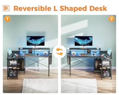ODK 48 Inch Gaming Desk with USB Charging Ports and LED Lights, Reversible L Shaped Computer Desk with Storage Shelves & Monitor Stand, Corner Gamer Desk Table with Power Outlets, Black - Image 8