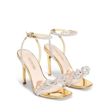 DREAM PAIRS Women's Double Bowknots Crystal Sandals Clear Slingback Heels Square Toe Shoes for Party Wedding Brielle,Size 8,Gold-Pat,SDHS2389W - Image 2