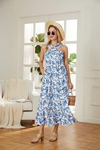 GRACE KARIN Women Crisscross Halterneck Floral Print Maxi Dresses for Summer White Blue XL - Image 6