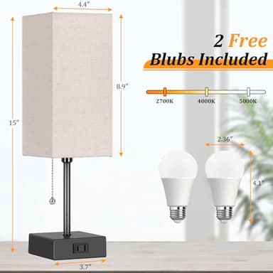 15'' Table Lamp for Bedroom set of 2,3-Color Bedside Lamps with Pull Chain Table Lamps for Night stands with AC Outlet,Small Night Light Lamps with 2 Bulbs Lamps for Living Room Kids Room Office Decor - Image 4
