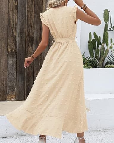 BTFBM Women V Neck Summer Dress 2025 Cap Sleeve Swiss Dot Boho Flowy Ruffle Slit Beach Party Long Maxi Cocktail Dresses(Beige, Small) - Image 4