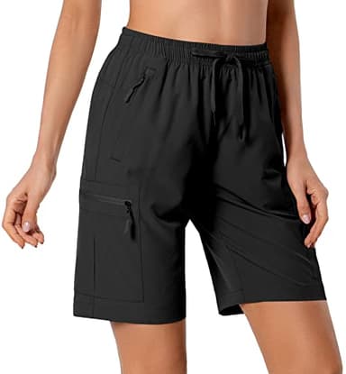 Women's Lightweight Hiking Cargo Shorts Quick Dry Athletic Shorts for Camping Travel Golf with Zipper Pockets Water Resistant Black - Image 2