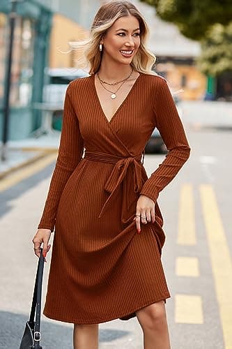 Newshows Womens 2025 Fall Dresses Teacher Church Business Casual Work Outfits Knit Midi Sweater Pockets Belt Dress(Caramel, L) - Image 3