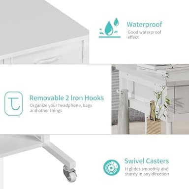 Small White Portable Rolling Desk - 32 Inch Adjustable Mobile Standing Teacher Desks with 2 Fabric Drawers on Wheels, Couch Sofa Side Laptop Table with Storage for Bedroom Home Office, White - Image 9