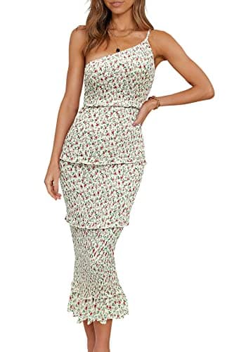 PRETTYGARDEN Women's Summer Midi Bodycon Dresses One Shoulder Strappy Tiered Ruffle Floral Boho Sun Dress (Beige Floral,Small) - Image 1