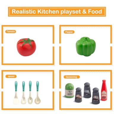 Bruvoalon 32Pcs Kids Play Kitchen Toys Set, Toddlers Pretend Cooking Playset Acccessories with Pots Pans, Utensils Cookware, Foods, Canned Veges, Learning Gift for Kids Girls Boys (Green) - Image 7