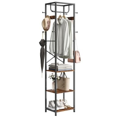 ELYKEN Coat Rack Freestanding, Hall Tree with 3 Storage Shelves and 12 Hooks, Industrial Clothes Rack Stand Organizer for Bedroom, Hallway, Entryway, Office, Living Room, Rustic Brown - Image 1