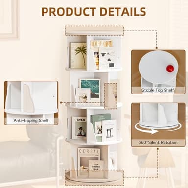 YESHOMY Rotating Bookcase,4 Tier Round Bookshelf Tower, 360 Spinning Book Shelf Storage Round,for Small Space,Bedroom,Living Room,Study Room, Medium, White Milk - Image 4