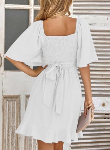 Dokotoo Women's Summer Dress Wrap V Neck Short Sleeve Smocked Elastic Waist Tiered Belted Ruffle Hem Mini Dresses Wrap Dress for Women Short Sleeve Dress for Women White S - Image 3