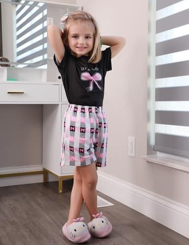 Arshiner Girls Pajamas Set Short Sleeve Pjs Sleepwear 3PCS Summer Lounge Sets Nightwear Bow Plaid 5-6Years - Image 7