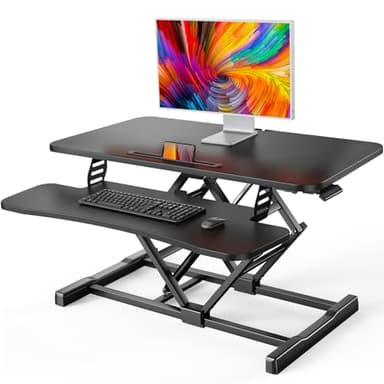 HUANUO Standing Desk Converter, 32” Sit to Stand Desk with Keyboard Tray, Height Adjustable Stand Up Desk Riser for Home Office, Dual Monitor and Laptop Workstation, Black - Image 1