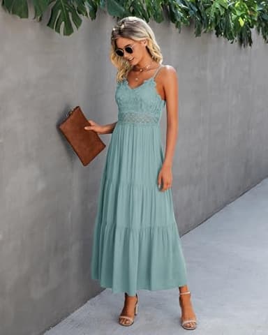 Dokuritu Women's Beach Crochet Lace Maxi Dress Solid Color Sage Green Wedding Guest Summer Spaghetti Strap Long Boho Dress 2024 (MintGreen, M) - Image 8