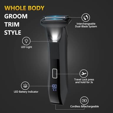 Manscaper Trimmer for Men, 2-in-1 Ball & Body Hair Groomer - Pubic & Groin Hair Shaver with Dual-Head, No-Nick Shaving, Smooth Grooming - Lightweight, Travel Lock, IPX7 Waterproof & LED Display - Image 3