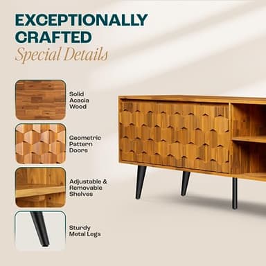 Bme Georgina Solid Wood, 10 Minutes Assembly Entertainment Center with Storage Geometric Pattern Console for Living, Bedroom, Dining Room, TV Stand 65 Inch, Teak Brown - Image 4