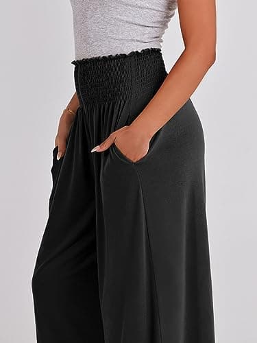 ANRABESS Women Palazzo Pants Summer Boho Bagyy Wide Leg High Smocked Waist Casual Loose Lounge Pant with Pocket Black X-Large - Image 7