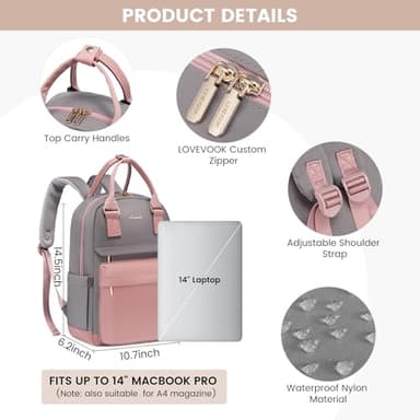 LOVEVOOK Backpack purse for Women, 14 Inch Laptop backpack Cute Waterproof Backpacks Stylish Travel Bags Vintage Daypacks for College Work - Image 6