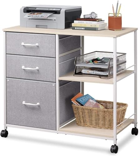 DEVAISE 3 Drawer Mobile File Cabinet, Rolling Printer Stand with Open Storage Shelf, Fabric Lateral Filing Cabinet fits A4 or Letter Size for Home Office, Light Grey - Image 1