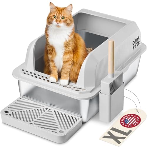 OHM Pets XL Cat Litter Box Stainless Steel - 20L Non-Stick Extra Large Stainless Steel, Rust-Proof, Anti-Leak Metal Litter Box High Sides w/Scoop & Tray, Light Grey - Image 1