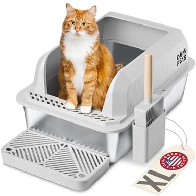 OHM Pets XL Cat Litter Box Stainless Steel - 20L Non-Stick Extra Large Stainless Steel, Rust-Proof, Anti-Leak Metal Litter Box High Sides w/Scoop & Tray, Light Grey - Image 1