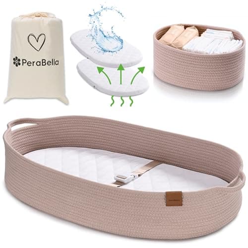 PeraBella XL Baby Changing Basket for Dresser Top, Moses Baskets for Newborn, Portable Baby Diaper Changing Pad Table Topper for Dresser, Moses Bassinet Mat with Waterproof Pad Cover and Diaper Caddy - Image 1