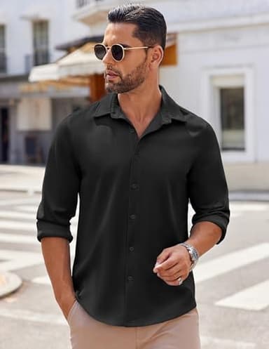COOFANDY Mens Long Sleeve Button Down Shirts Casual Untucked Shirts Stretch Shirts Black - Image 2
