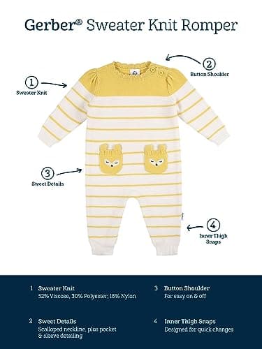 Gerber Baby Girls Sweater Knit Romper Jumpsuit, Yellow Fox, 3-6 Months - Image 4