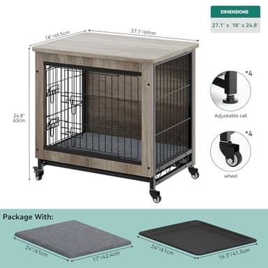 YITAHOME Dog Crate Furniture with Cushion, Kennel with Wheels, End Table with Tray, 27" Cage with Double Doors for Small Dog (Gray) - Image 3