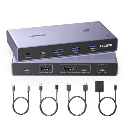 UGREEN USB-C+HDMI KVM Switch 1 Monitor 2 Computers with 4 USB 3.0 Ports 4K@60Hz Aluminum for 1 Laptop & 1 Desktop Share One Monitor Keyboard Mouse Printer with 1 HDMI Cable+2 Type-C Cables - Image 1