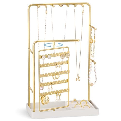 ProCase Jewelry Display Stand Holder, Jewelry Organizer and Storage with Velvet Ring Tray, Rotating Earring Display Bracelet Necklace Holder, Aesthetic Gifts Room Dorm Decor for Teen Girls -Gold - Image 1