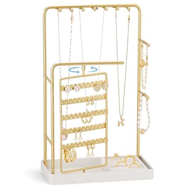 ProCase Jewelry Display Stand Holder, Jewelry Organizer and Storage with Velvet Ring Tray, Rotating Earring Display Bracelet Necklace Holder, Aesthetic Gifts Room Dorm Decor for Teen Girls -Gold - Image 1
