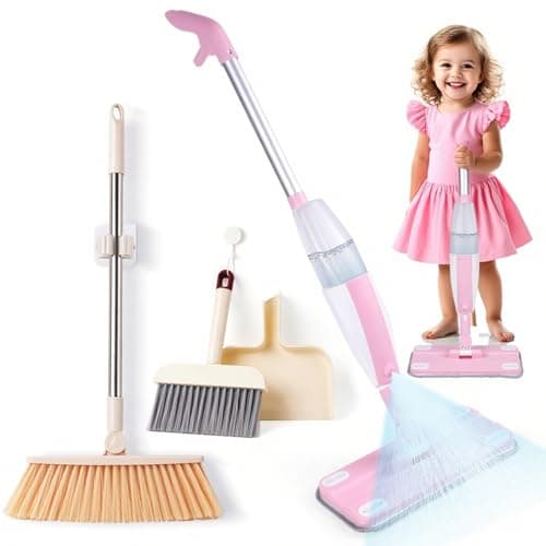 Lullulii Kids Spray Mop,Toddler Mop Cleaning Set, Real Working Mini Mop & Kids Broom Dustpan Set, Housekeeping Pretend Play Toy, Montessori Kid Cleaning Toy Set Includes Organizer Clip -Pink - Image 1