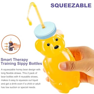Honey Bear Straw Cups, Juice Bear Bottle Drinking Cup Long Straws with 4 Flexible Straws & Cleaning Tools, 8-Ounce Therapy Sippy Bottles for Speech and Feeding Training, Food-Grade & BPA Free 2 Pack - Image 5