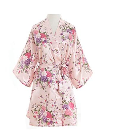 V Vaborous Women's Floral Satin Robes Short Bridesmaid Robes Silk Sleepwear,Floral Pink,XL - Image 2