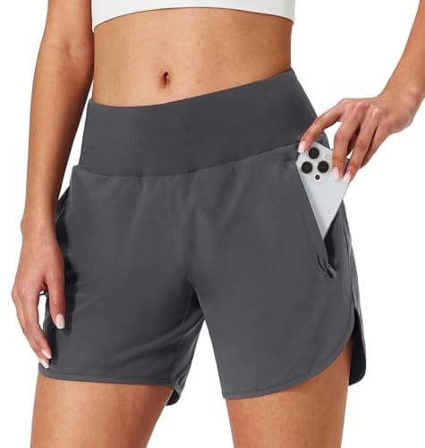 Womens Running Shorts Zipper Pockets High Waisted Quick Dry Athletic Workout Shorts with Liner Dark Grey - Image 1