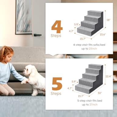 Heeyoo Dog Stairs for Small Dogs,5-Step Dog Steps for High Bed and Couch, High-Density Foam Pet Steps with Supporting Board, Non-Slip Removable Washable Cover, Grey - Image 2