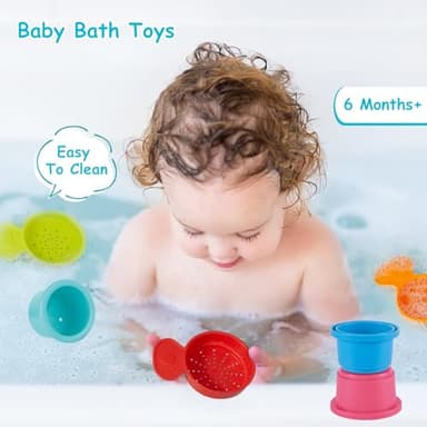 Bath Toys, 14 PCS | Safe & Educational Stacking Cups and Spoons with Numbers | Mold Free & Easy Grip Bath Toys for Baby and Toddler | Bathtub Water Toys with Early Learning Color & Shape Recognition - Image 4