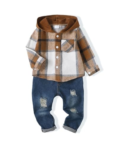 Yhnslsf 3T Boy Clothes 4T Fall Winter Baby Boy Sweatshirts Flannel Plaid Button Hoodied Shirts Ripped Denim Outfits Jeans Pants Set 3-4 Littler Boy Clothes - Image 1