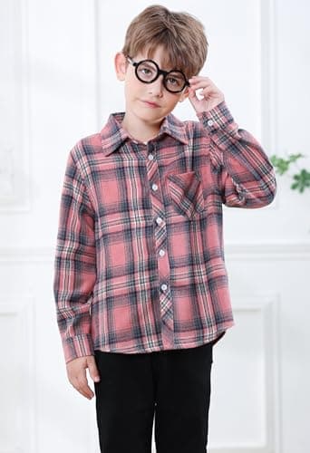 SANGTREE Boys Long Sleeves Flannel Plaid Button Down Shirt Tops Pink Plaid, 12-18 Months = Tag 80 - Image 3