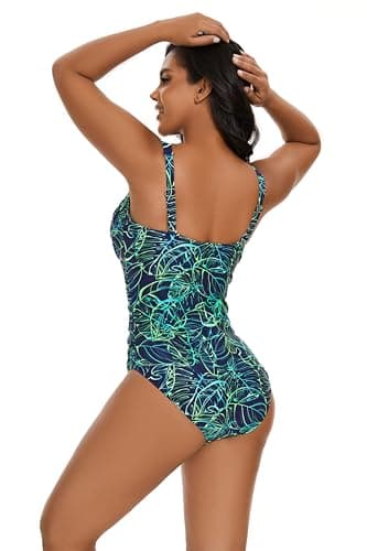 Aqua Regina Plus Size Swimsuit for Women One Piece Bathing Suit Ruched Tummy Control Adjustable Swimwear(G/Tropical Leaf,L) - Image 2