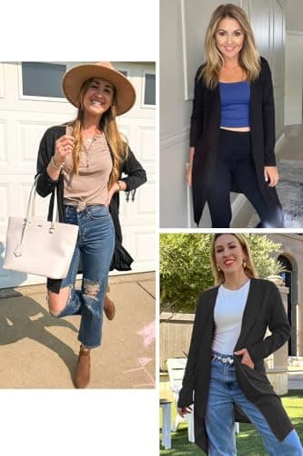 OUGES Women's 2025 Fashion Fall Winter Black Open Front Long Sleeve Lightweight Sweater Cardigan Shirt Clothing with Pockets(Black,M) - Image 4