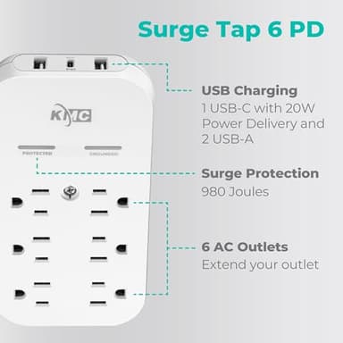 KMC 6-Outlet Extender USB-C PD Surge Protector Wall Tap, Multi-Plug USB Wall Charger, 2 USB-A Ports & USB-C 20W Power Delivery, High-Speed Phone Charger, 980J Surge Protection, UL/ETL Certified, White - Image 2