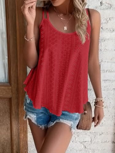 ATHMILE Christmas Camisole Tank Tops Eyelet Embroidery Sleeveless Spaghetti Strap Tops Scoop Neck Sexy Loose Fit Casual Summer Flowy Cami Red - Image 4