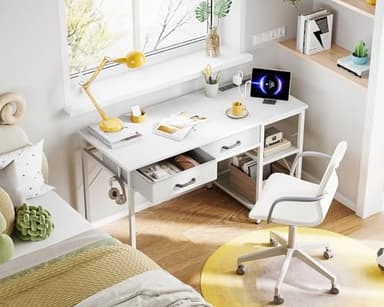Coleshome Small Computer Desk with Drawers, 40 Inch Reversible Home Office Desk with Power Outlet, Study Laptop Vanity Table with Storage Shelves for Bedroom Small Space, White - Image 9